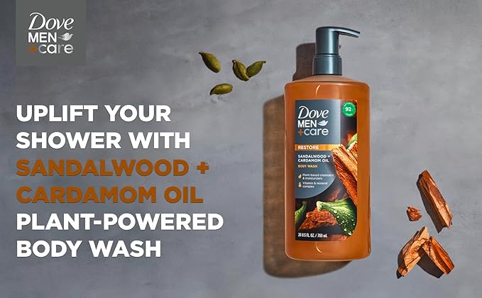 DOVE MEN + CARE Body Wash Eucalyptus + Cedar Oil to Rebuild Skin in the Shower Body Wash Sandalwood + Cardamom Oil to Rebuild Skin in the Shower