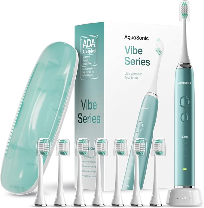 Aquasonic Vibe Series Ultra-Whitening Toothbrush – ADA Accepted Power Toothbrush - 8 Brush Heads &amp Travel Case – 40000 VPM Motor &amp Wireless Charging - 4 Modes w Smart Timer – Mint Green Metal