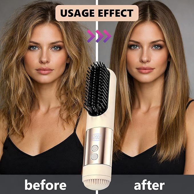 Go Brush Pro 2026 Hair Straightener 3-Temperature Fast Heating Ceramic Ionic Hair Brush Portable Frizz Control Styling Tool for Women Beige