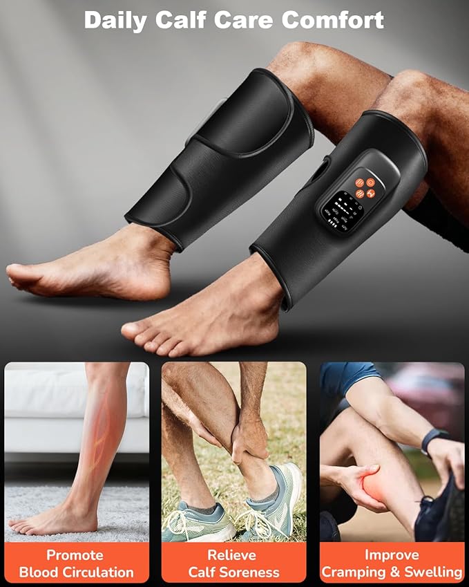 Air Compression Leg Massager with Heat : Sequential Calf Massager with 5 Modes 5 Intensity &amp 3 Heat for Circulation and Pain Relief - Rechargeable Calf Compression Device for Fast Recovery