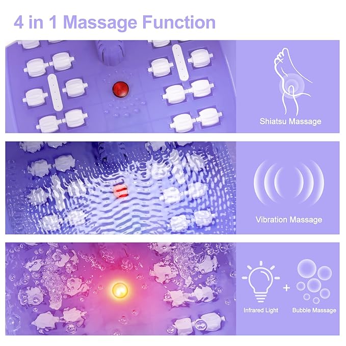 Foot Spa Bath Massager with Heat Bubbles and Vibration Massage and Jets 16 OZ Calming Lavender Foot Soak Epsom Salt MoodRelish Foot Soaker With Red Light 22 Massage Rollers Adjustable Temp -Purple