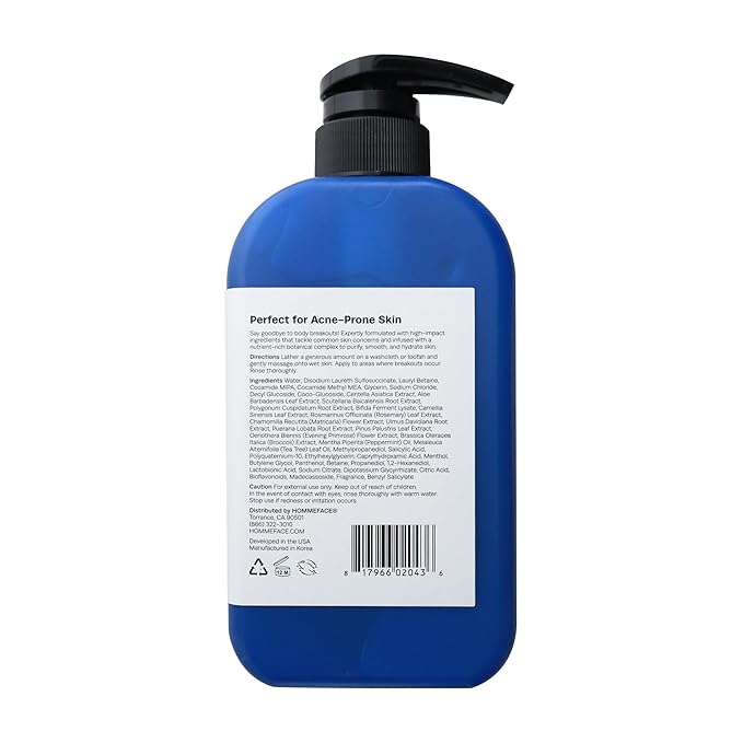 HommeFace Men’s The Skin Perfecting Body Wash with Pump 16.9 Fl. Oz. - Korean Skincare Technology for Body Acne with BHA AHA PHA
