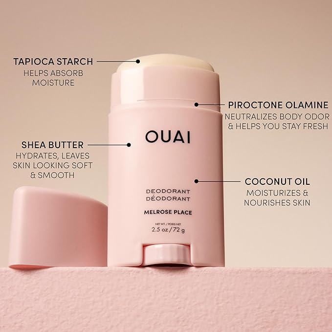 OUAI Aluminum Free Deodorant - Women's Deodorant with 24-Hour Odor Control &amp Invisible Application - Enriched with Notes of Rose Berry Lychee &amp Pink Peppercorn - Melrose Place (2.5 oz)