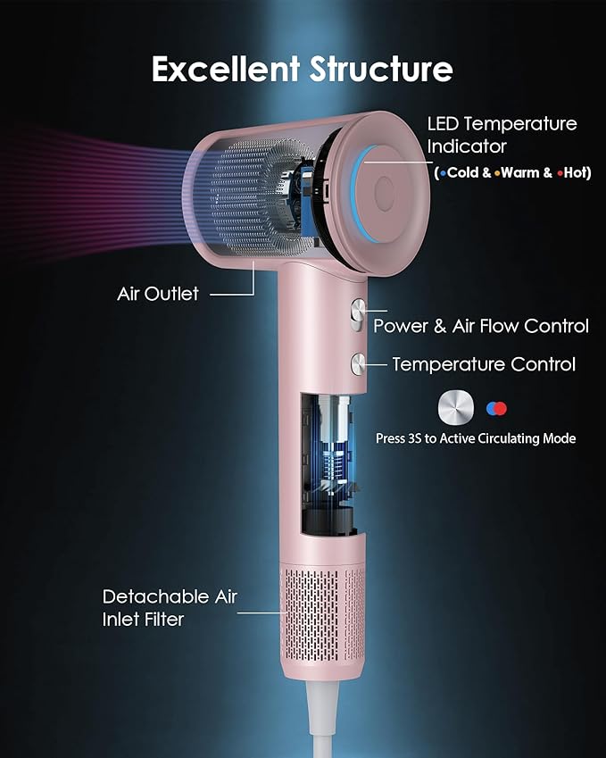 Hair Dryer zhiyangfei Negative Ion Blow Dryer 110 000 RPM Brushless Motor 3 Heat Settings 360° Rotating Magnetic Nozzle High-Speed Low Noise Hair Dryer for Home and Trave (Pink)
