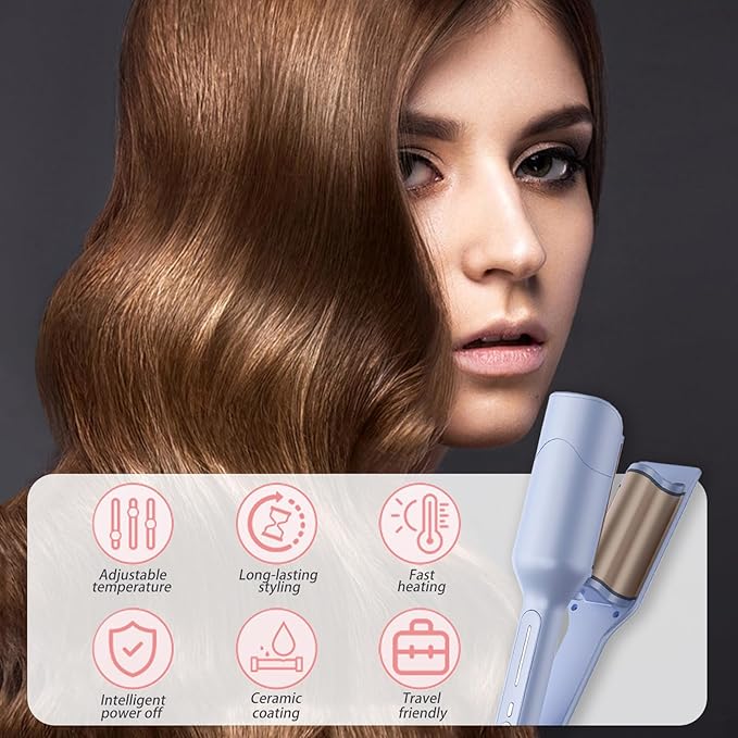 Ionic Wave Curling Iron Hair Crimper with 3 Adjustable Temperatures for Women Fast Heating Anti-Scald Hair Tool with Intelligent Power Off for Beach Waves and Curls (Blue)