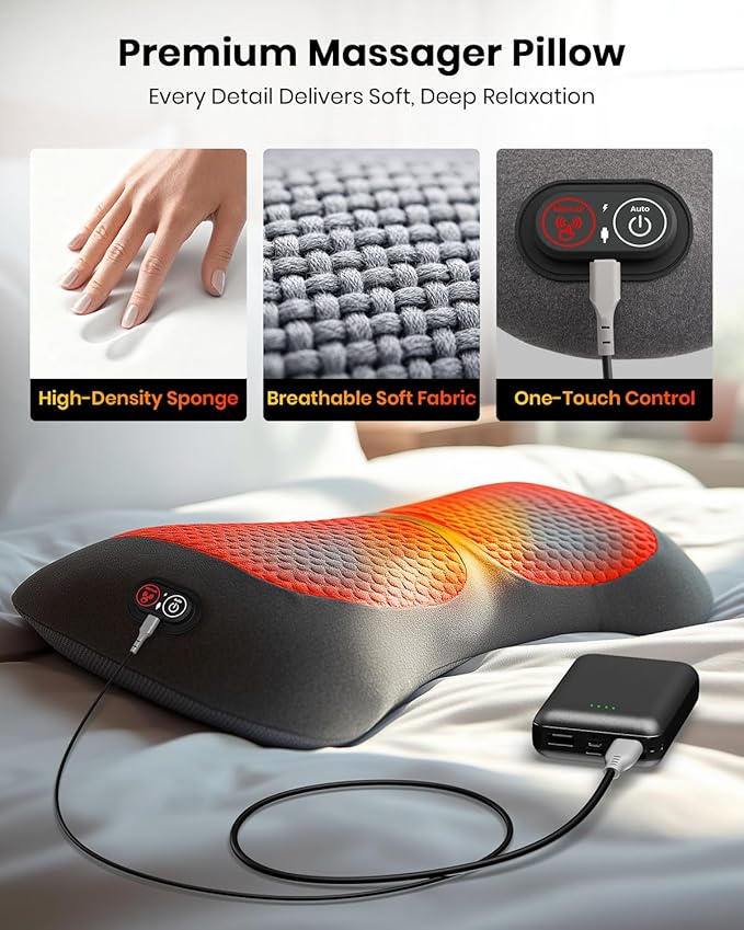 Upgraded 3-in-1 Portable Lumbar Pillow for Back Relief Smooth Spine Triple Fusion Back Massager with Stretch Vibration &amp Heat Includes 5000mAh Power Bank for Deep Relaxation on Bed Sofa &amp