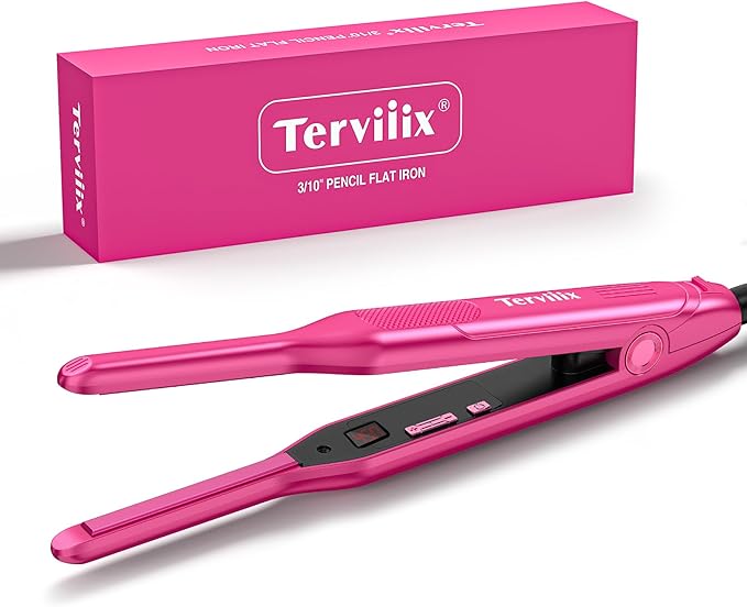 Terviiix Mini Flat Iron and Hair Straightener for Short Hair Edges and Pixie Cut - 3/10 Inch Skinny Pencil Straightener for Black Women's Baby Hair LCD Digital Display Dual Voltage Pink