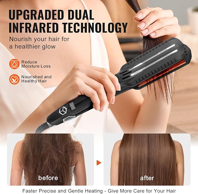 Happybuy Titanium Hair Straightener - Your Ideal Styling Companion! This 1.5 - inch Straightener Features Infrared Heating an LCD Display and 19 Temperature Options from 210°F - 450°F.