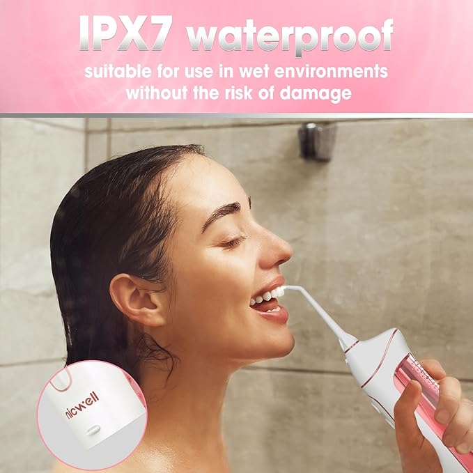 Water Dental Flosser Cordless for Teeth - Nicwell 4 Modes Dental Oral Irrigator Portable and Rechargeable IPX7 Waterproof Powerful Battery Life Water Teeth Cleaner Picks for Home Travel