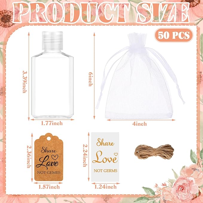 50 Sets Mini Hand Sanitizer Bottles Bulk 2oz Empty Christmas Hand Sanitizer Travel Size Wedding Favors for Guests with Organza Bags Thank You Tags for Woman Employees(LoveGold)