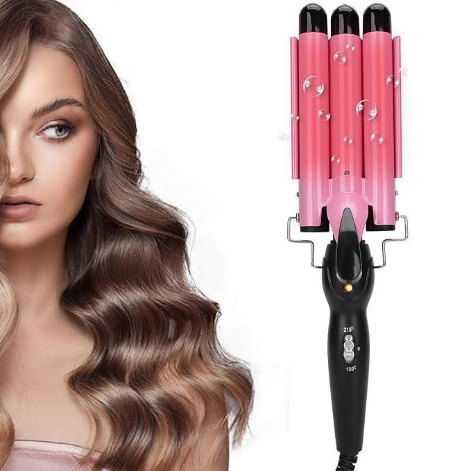 3 Barrel Hair Waver Adjustable Temperature Hair Crimper Heats up Quickly Crimping Iron for Hair Compatiable for All Hairstyles(US-pink28mm)