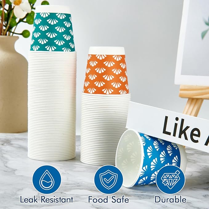 JollyPack 1200 Pack 3 oz Disposable Bathroom Paper Cups Small Mouthwash Cups in Orange Blue and Green Great for Candy Biscuits Bathroom Use Parties Picnics and Travel