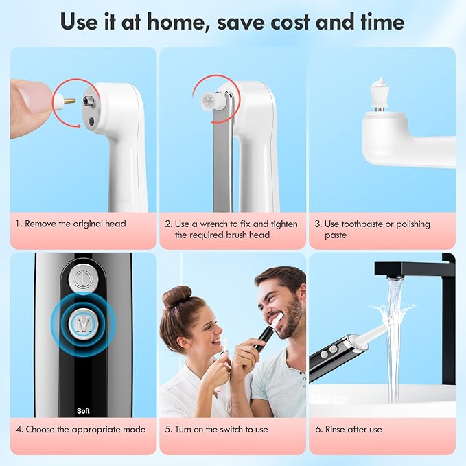 Tooth Polisher Rechargeable Teeth Polisher for Daily Cleaning Whitening and Polishing Electric Dental Teeth Polishing with LED Light 5 Brush Heads 5 Speed Modes Waterproof