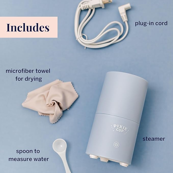 Pixie Menstrual Cup and Disc Steamer Sterilizer - 3 Minute Steam Clean - Sensor On-Off Button - Automatic Shut Off - Compact Cylinder Design