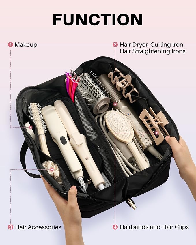 Hot Tools Travel Case with Heat Resistant Mat Pouch Large Hair Tool Organizer Bag for Curling Iron Flat Iron Hair Dryer Hot Air Brush Water Resistant Makeup Bag Gift for Women Black