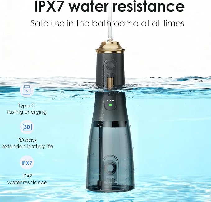 300ML Long-Lasting Battery Life Water Flosser Adjustable Pressure Oral Irrigator Flosser with 4 Interchangeable Nozzle Tips for Implants/Braces/Receding Gums (Black&ampGold)