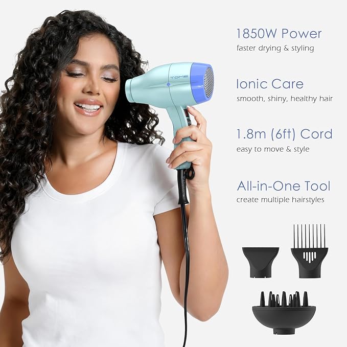 TOME Hair Dryer with Diffuser 1875W Ionic Blow Dryer with Comb Attachment and Concentrator for Home Use Fast Drying with Cool Shot and 2 Heat &amp 2 Speed Settings 125V Blue
