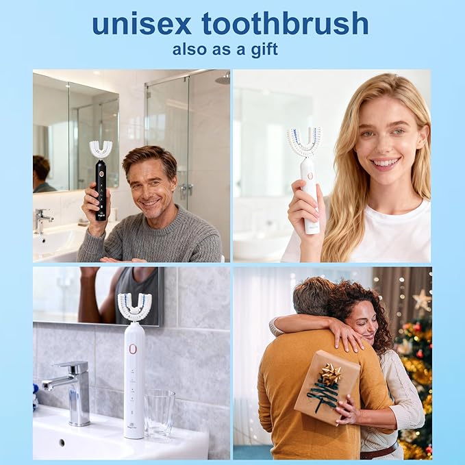 Ultrasonic U-Shaped Toothbrush for Adults Electric Toothbrush has 23760 Nylon BristlesAutomatic 360-degree Cleaning and Waterproof IPX7 4 Modes for Teeth Whitening (White)