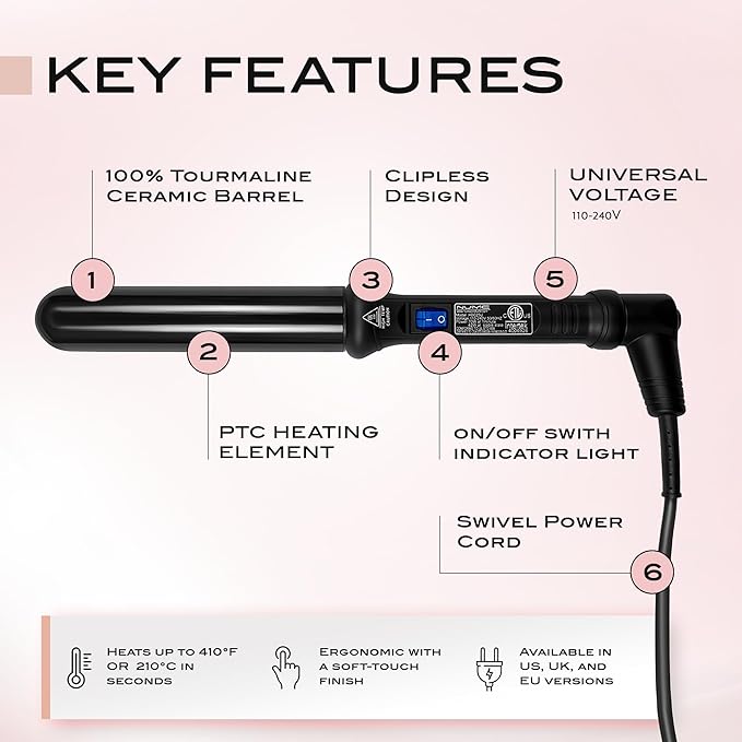 NuMe Classic Ceramic Curling Wand - Tourmaline 1.25 Inch Barrel Hair Curler Negative Ion Conditioning Far Infrared Heat - All Hair Types - Black