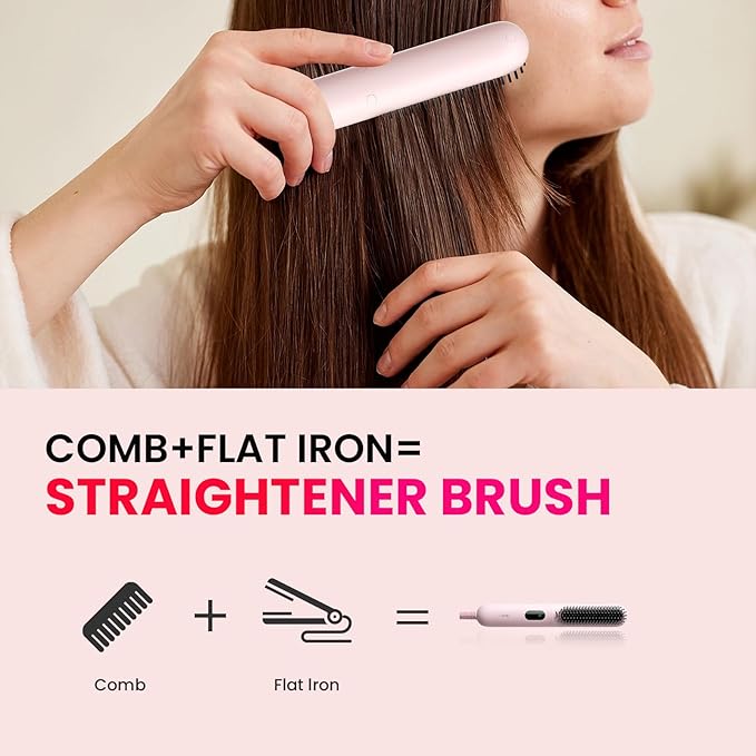 Hair Brush: 1 Inch Brush for Curly Hair with Anti-Scald Bristles Straightening Comb with Negative Iron for Women - 3 Temp Settings &amp LED Display (Pink)
