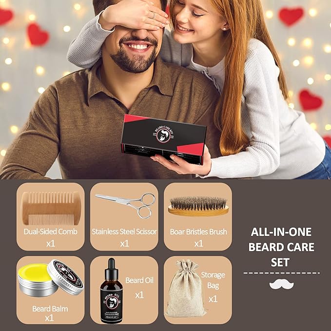 Valentines Gifts for Him Beard Kit for Men Beard Growth and Grooming Kit w/Beard Oil Beard Balm Beard Brush Beard Comb Beard Scissors Christmas Birthday Gifts for Men Husband Grandpa Boyfriend Son