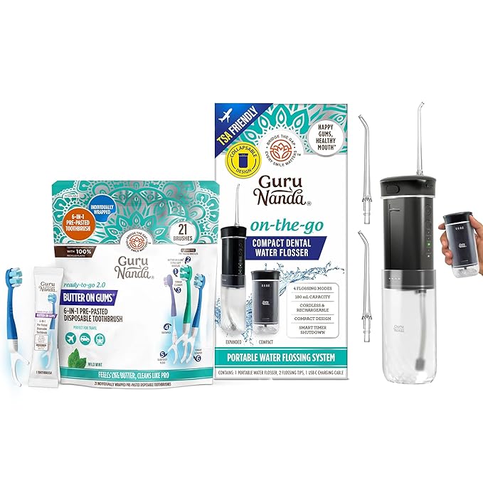 GuruNanda On-The-Move Smile Kit – 6-in-1 Ready-to-Go Toothbrushes (21ct) &amp Compact TSA-Friendly Water Flosser (Black) with Collapsible Tank for Easy Oral Care