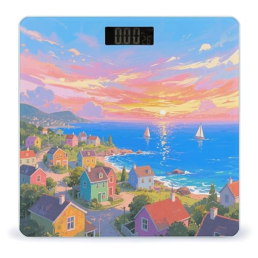 Seaside Town Weight Scale Cute Bathroom Scale for Body Highly Accurate Digital Weighing Machine for People Compact LCD Display Scales with Sturdy Toughened Glass Scales