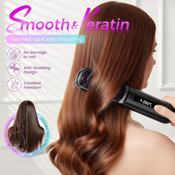 Cordless Portable Hair Straightener Brush Mini Hair Straightener Brush with LCD Temper Ature Display 3 Adjustable Temperatures Rechargeable Heating for Home Travel and Morning Rush (White+Blue)