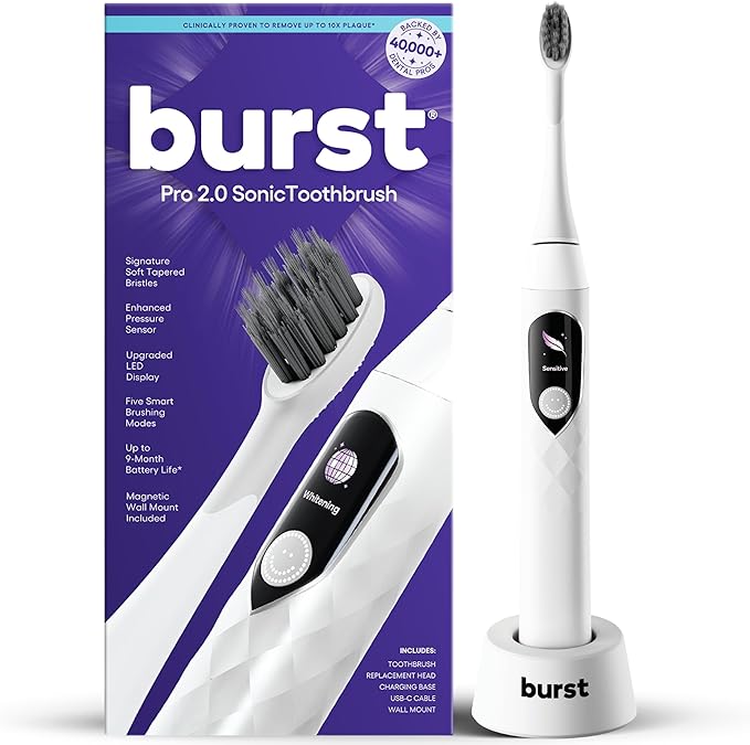 Burst Pro 2.0 Sonic Toothbrush for Adults (White) | Electric Toothbrush with Smart Pressure Sensor | Soft Bristles | 5 Modes/Refined Scoring System | USB-C Charging | Magnetic Wall Mount