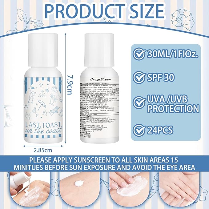 Demissle 20 Pcs Last Toast on The Coast Bachelorette Party Favor Summer Mini Sunscreen Travel Size Bulk 1 oz Spf 30 Blue White Sunscreen Lotion for Beach Bachelorette Wedding Bridal Shower Party Favor