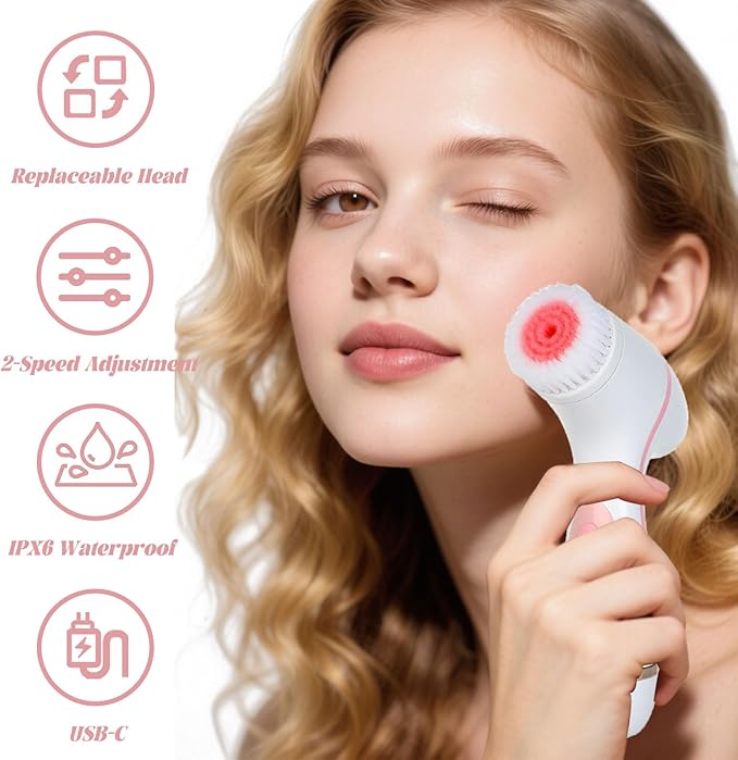 Facial Cleansing Brush 3in1 Silicone Face Scrubber Waterproof Facial Scrubber for Deep Cleansing Rechargeable Face Exfoliation Brush with 2 Adjustable Speeds Face Spin Brush for Women Men (Pink)