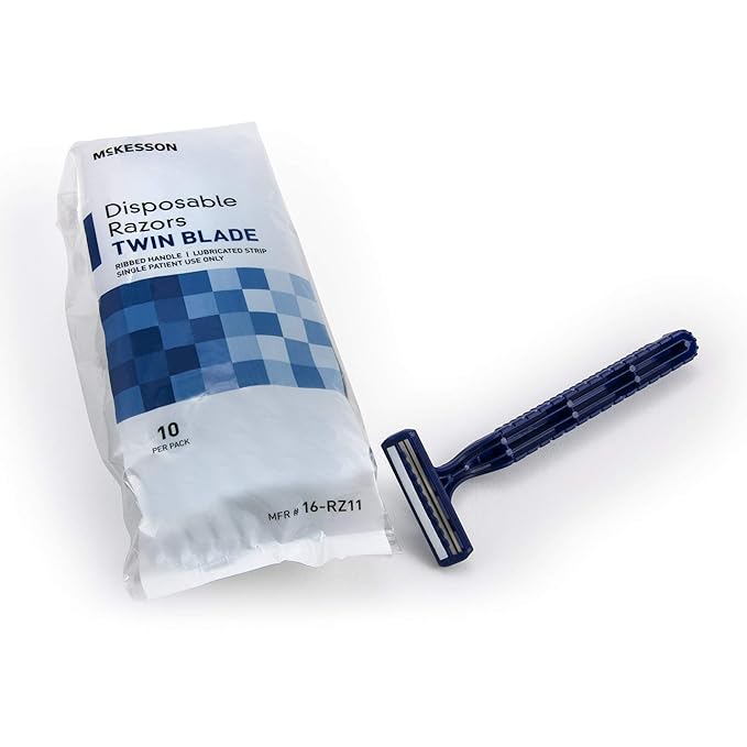 McKesson Disposable Razors Stainless Steel Twin Blade Lubricated Strip Ribbed Handle Blue 10 Count 12 Packs 120 Total