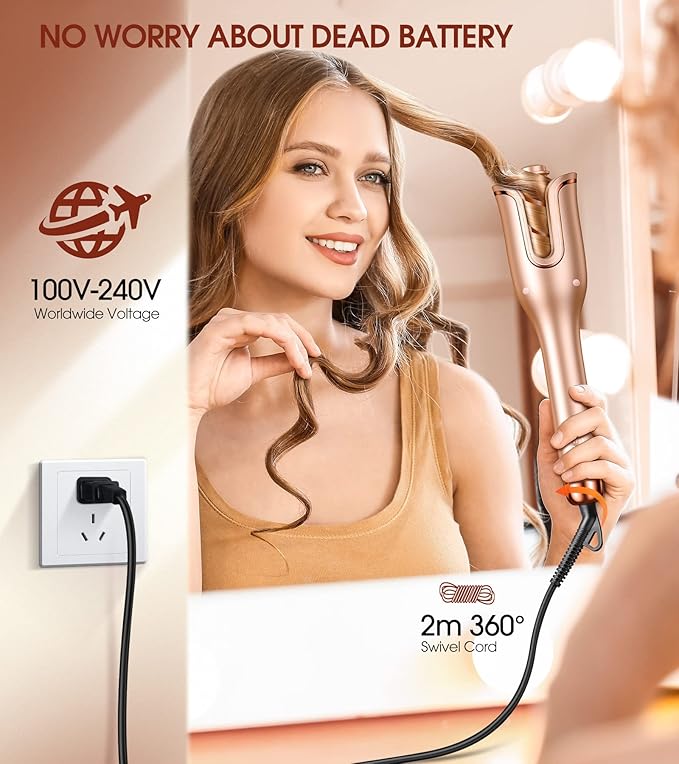 Automatic Curling Iron Auto Hair Curler with 1 Curling Wand Large Slot &amp 4 Temperature &amp 3 Timer Dual Voltage Anti-Tangle Rotating Curling Iron with Auto Shut-Off for Hair Styling Champagn