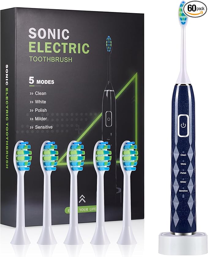 Sonic Electric Toothbrush for Adults - Deep Cleaning Teeth Whitening6 Replacement Brush Heads100-Day Battery5 Modes w/SensitiveIPX7 Waterproof (Color Options)