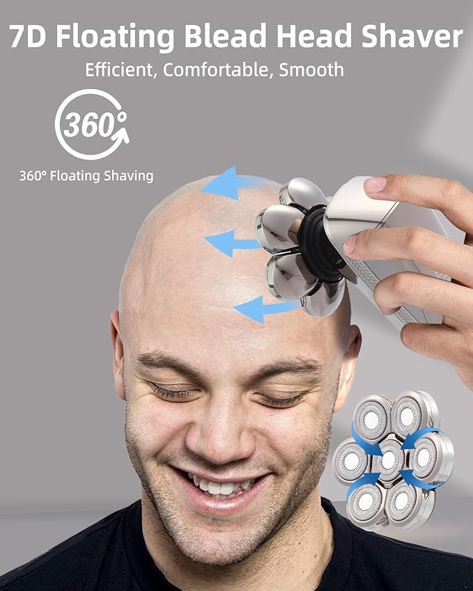 7D Electric Bald Shaver - 5-in-1 Dry/Wet Men's Head Shaver with Led Display &amp IPX7 Waterproof Detachable Rechargeable Razor