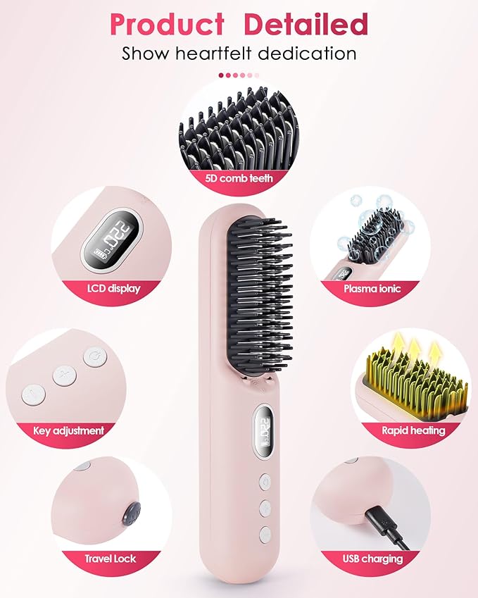 LAMA Cordless Hair Straightener Brush - Portable Hair Brush - 20s Fast Heating - 130 Million Plasma for Frizz-Free Shine 9000mAh Mini Hair Straightener Comb for Women Travel LED Display Hot CombPK