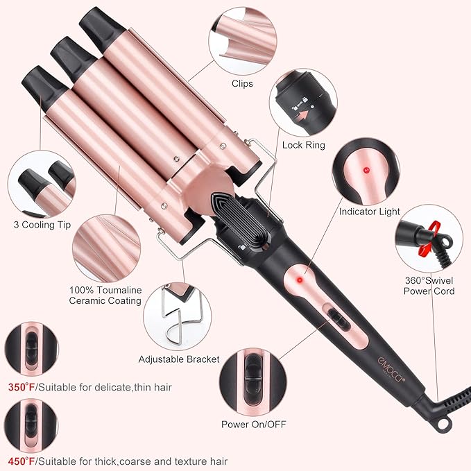 Wand Curling Iron Hair Crimper Emocci Pro Large 3 Barrel (0.35-1.25 Ceramic Barrel) Hair Crimper for Women Beach Waves Instant Heat Hair Waver Set for Long Hair Curlers 5-in-1 Curling Wand Set