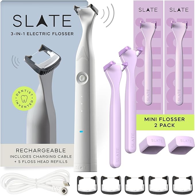Slate Flosser Bundle – Rechargeable Electric Flosser + 2 Lilac Mini Flossers | Dentist-Invented 3-in-1 with Reusable Floss Heads | Non-Toxic &amp PFAS-Free