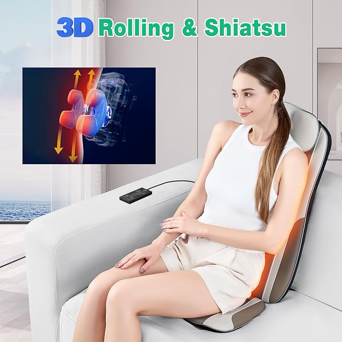 Shiatsu Back Massager with Heat Massage Chair Pad Seat Cushion for Stress Relief Deep Tissue Kneading &amp Roller 2 Vibration Motors Back Waist Hip Massager PU Leather with 2 Adapters