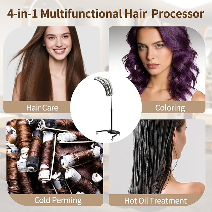Vertical Hairdressing Heater Hair Color Processor Heating Stand with Wheels Adjustable Height Temperature Time Standing Hair Dryer Vertical Cold Iron Hair Dryer Adjustable Angle(45° 90° 180°)