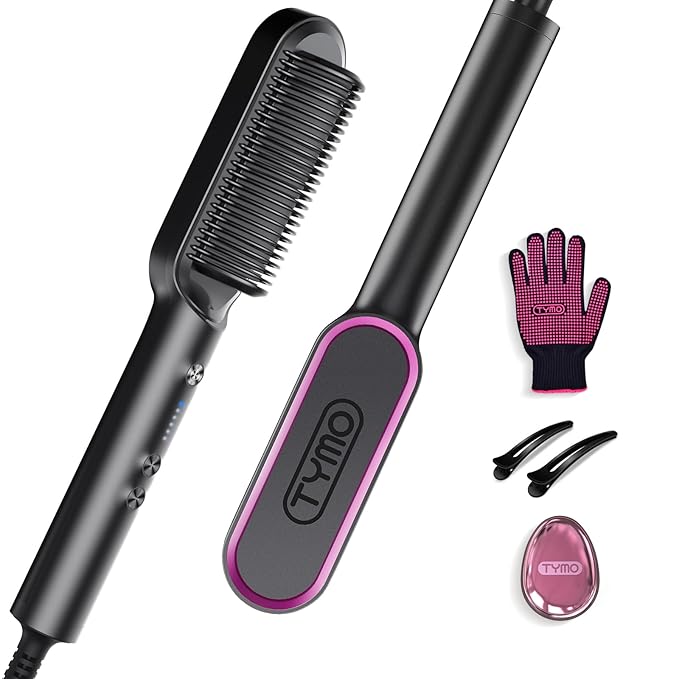 Hair Straightener Brush TYMO Ring Hair Straightener Comb Straightening Brush for Women with 5 Temps 20s Fast Heating &amp Dual Voltage Black