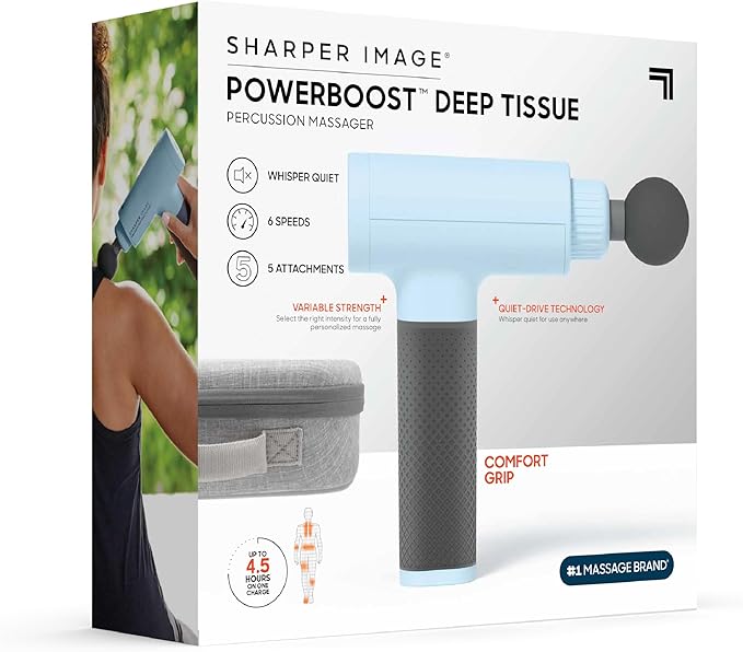 Sharper Image Deep Tissue Percussion Massage Gun Powerboost Rechargeable Handheld Massager 6 Adjustable Speeds 5 Attachment Heads &amp Carrying Case Full Body Muscle Pain Relief Light Blue