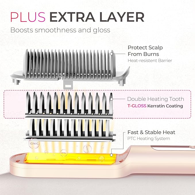TYMO Ring Plus Ionic Hair Straightener Brush - Straightening Comb with Negative Ions for Women Titanium Coating 9 Temp Settings &amp LED Display Dual Voltage Professional Styling Tools Gold Blus