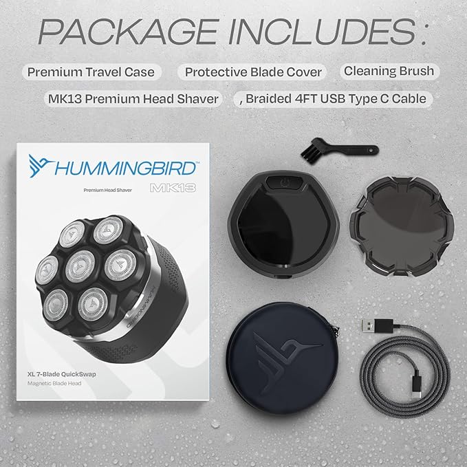 HUMMINGBIRD MK13 Premium Head Shaver - 7 Blade Electric Razors for Men Cordless USB-C Rechargeable Waterproof Head Shaver with Two Additional Magnetic Replacement Blades