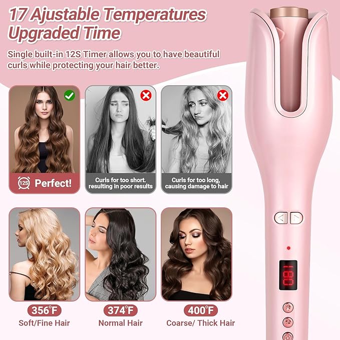 Hair Curler Automatic Rotating - Ceramic Curling Iron Automatic with 17 Temps &amp 3 Timer Settings &amp 1 Large Rotating Barrel Anti-Tangle/Scald (Pink)