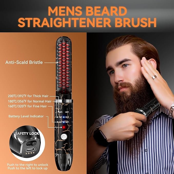 Beard Straightener for Men Cordless Heated Beard Brush Portable Beard Hot Combs Ionic Mini Hair Straightener with 3 Temp Settings Coarse Curly Hair Brush Grooming Kit for Men