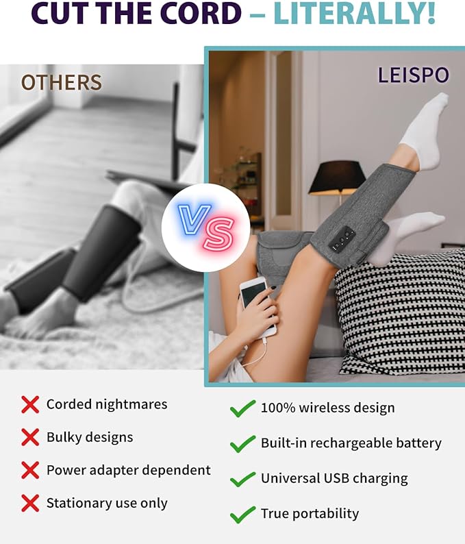 Wireless Leg Massager - Air Compression Cordless Calf Massager with Heat for Circulation Pain Relief and Recovery 4 Modes &amp 3 Intensities Portable and Adjustable (Gray Set of 2)