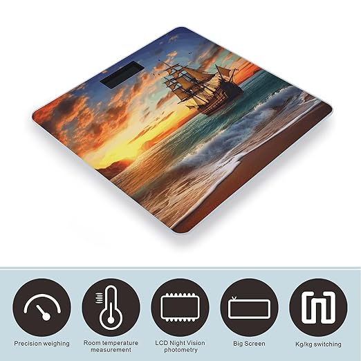 Pirate Ship in The SunsetScale for Body Weight with LCD High Precision Weighing Scales Fashion Sturdy Tempered Glass Weight Scales Easy-to-Read Digital Bathroom Scale for Daily 400lb