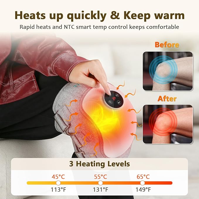 Electric Knee Massager with Heat 3 Heating and Vibration and Kneading Modes Deep Relaxation Relief Fatigue 5000mAh Battery Portable Cordless Adjustable Straps Gift for Men Women Gray 1 Pack