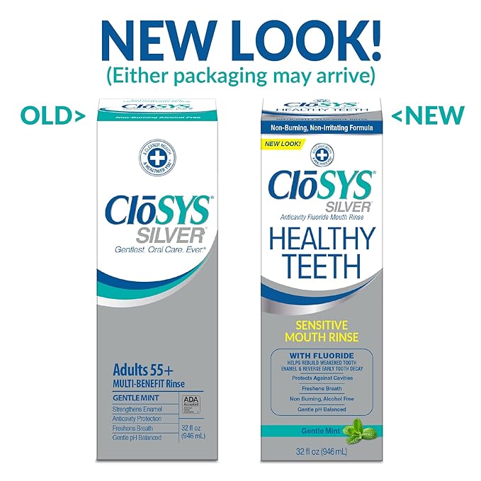 CloSYS Healthy Teeth Oral Rinse Mouthwash - 32 Fl Oz &amp Silver Fluoride Toothpaste for Adults 55+ 3.4 Ounce Gentle Mint Travel Size TSA Compliant pH Balanced Enamel Protection Sulfate Free